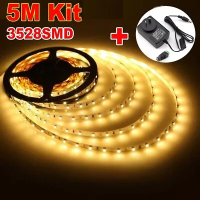 3528 Warm White Bright LED Strip Lights 12V Power Adapter Full Kit 5M 300 Leds • $17