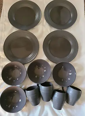 Mikasa Swirl 12-Piece Dinnerware Set In Graphite - Dinner Plates Bowls & Mugs • $94.95