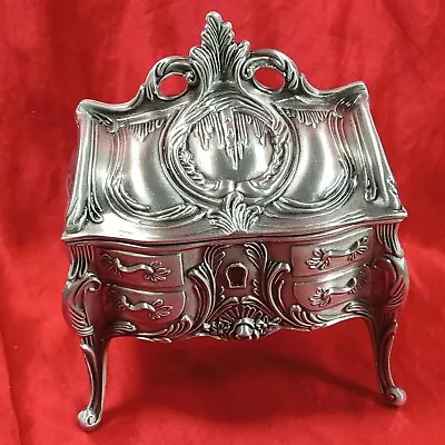 Vintage Detailed French Style Ornate Jewelry Trinket Box Casket Silver Tone • $29