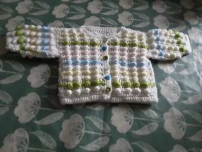 A New Hand Crochet Baby Bobble Cardigan + Hat Set 0 - 3 Months Multi Coloured • £6