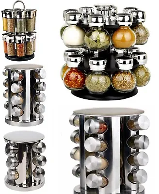 £16.99 • Buy Stainless Steel Glass Spice Herb Jar Jars Revolving Stand Rack Holder