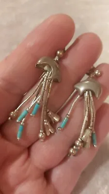 Native American Sterling Turqouise Fetish Bear & Liquid Silver Tassel Earrings  • £36