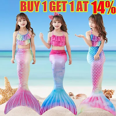 UK Kids Mermaid Tail With Monofin Swimmable Bikini Set Swimsuit Swimming Costume • £11.79