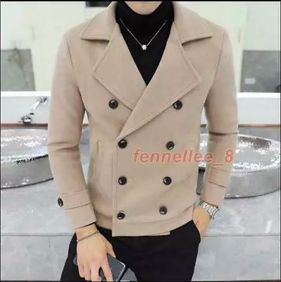 Mens Wool Blend Short Slim Fit Coat Double Breasted Lapel Collar Peacoat Jacket • $64.22