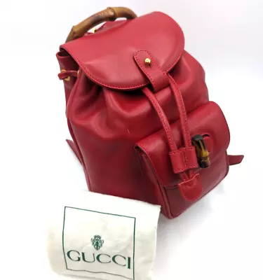 Gucci Bamboo Mini Backpack Drawstring Bag Leather Red Vintage Auth #258 • $341.09