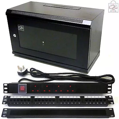 6U Black 300mm Data Cabinet + C5e Patch Panel PDU Brush Bar Network Comms Rack • £124.19