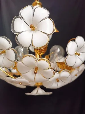 Vintage Chandelier Murano White  Milk Glass Basket Ceiling Light Fixture Wedding • $585