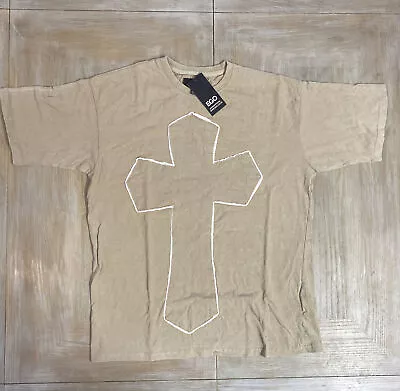 Womens T Shirt Oversized Tee Sacred Cross Style Size 10 Beige Acid Wash Stone • £12.99