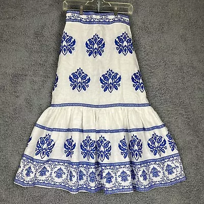 ZARA Womens White/Royal Blue Embroidered Linen Ruffle Midi Skirt Small Boho Chic • $39.21