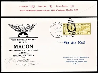 USS MACON ZRS-5 Christening Anniversary Cover Georgia Mar 11 1934 Hulff Cachet • $37.50