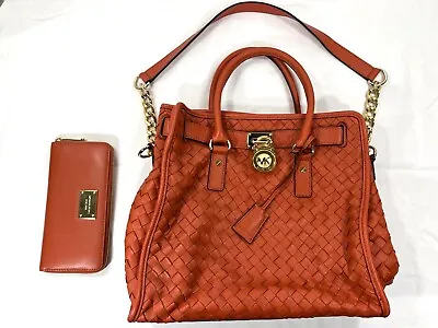 Michael Kors Women’s Large Burnt Orange Woven Leather Hamilton Tote W/ Wallet • $100