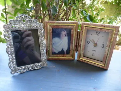 LOT Of 2 Standing~5 Cast Metal~Silver Jewels Photo Frame+CLOCK With Frame~EXCLNT • $25.95