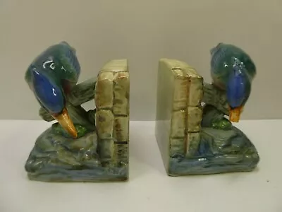 Vintage Pair Deco Pottery Bookends Hand Painted Statues Kingfisher Birds • $189