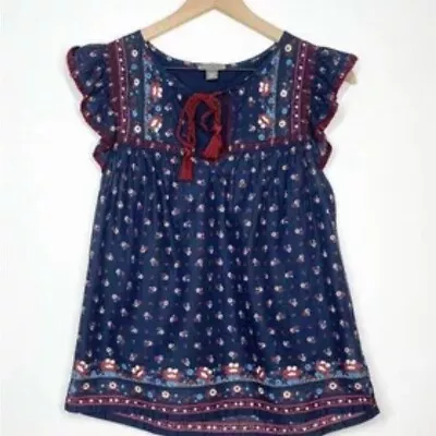 J Crew Point Sur Boho Blue Floral Tassel Blouse Medium Tall • $17.50