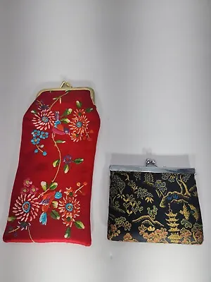 Vintage Red Satin Floral Embroidery Coin Change Purse Kiss Lock Closure Lot Of 2 • $9.99