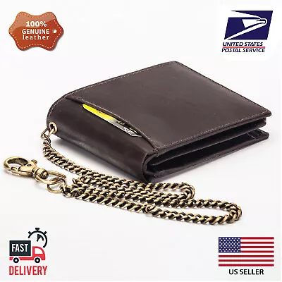 Mens Real Grained Leather Vintage Chained Wallet RFID Purse Credit Card Holder • $18.95