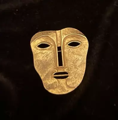 Vtg Maxine Denker Metal Gold Plated Face Mask 2.5 In. Pin Brooch • $30
