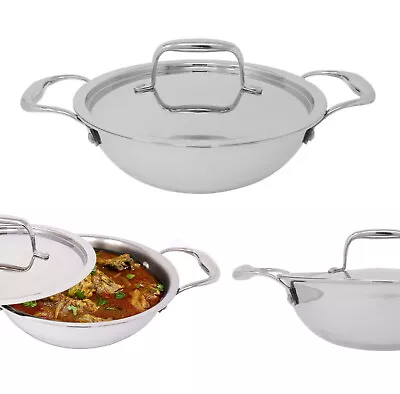 Stainless Steel Kadai Karahi Kadhai With Lid Wok Fry Pan Curry Dish Heavy Duty • £36.99