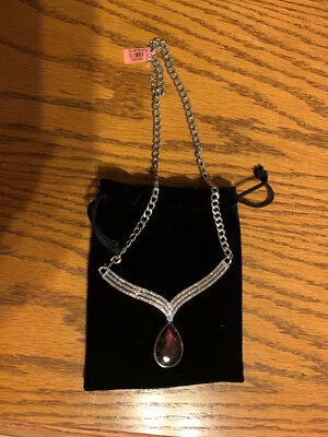 $8.99 • Buy Purplish- Smokey Pear Shape Drop Necklace With Crystal V Shape Design New In Bag