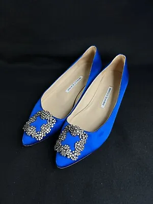 Manolo Blahnik Hangisi Embellished Royal Blue Satin Flats 38 (US 8) • $299