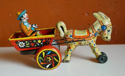 Mexican Vintage Tin Plastimarx La Mula Filomena Clown Cart W/ Mule 1950s • $130