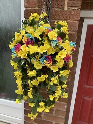 RAINBOW 🌈 Roses Yellow Hanging Basket Artificial Garden Pride Flowers Trailing • £44.95