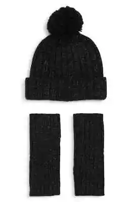 New Women's Ugg Shimmer Cable Knit Pom Beanie Hat And Arm Warmers Black Metallic • $59.99