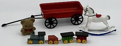 Vtg Artisan Wood Toy Train 1:12 Dollhouse Shelf Sitters Horse Bear Cart  Vagon • $29.99
