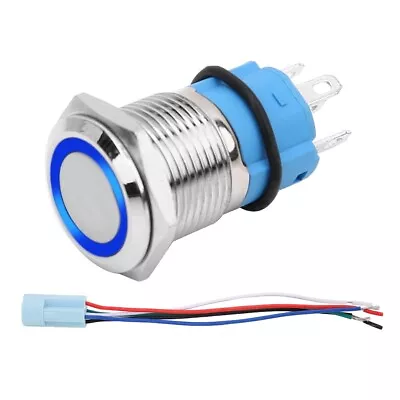 16mm 12V Self-latching Metal LED Push Button Switch Ring Illuminated Blue IP67 • £5.16