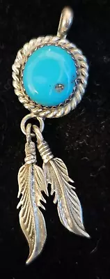 Native American Navajo Sterling Silver Blue Turquoise Pendant 1/2  W/ Feather • $29.75