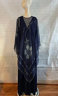 Vtg Navy Blue Gown With Sheer Floral Shawl 1970's Wedding Party Formal Event • $59