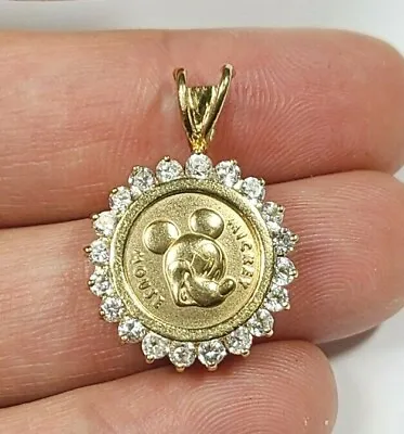 Disney 14k Yellow Gold And Cubic Zirconia Mickey Mouse Medal Pendant • $399