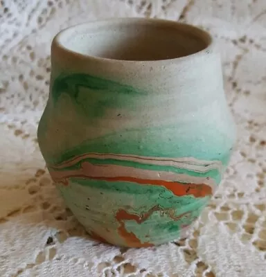 Nemadji Pottery Vintage 2.5 Inch USA Vase Small Pot Swirled Orange Green • $25