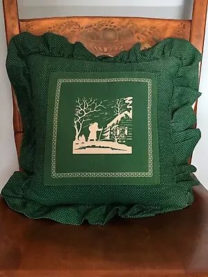 $13 • Buy Vintage Christmas Pillow, Square Green Santa Ruffles, 10x10, Hand Made