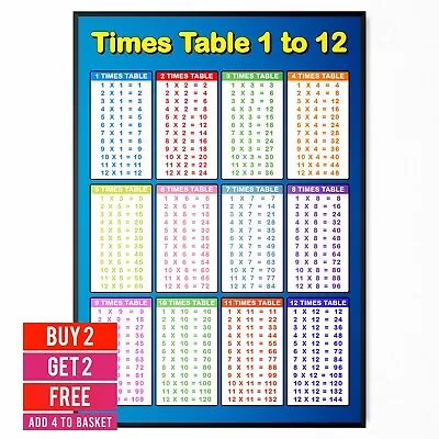 Times Tables Wall Chart Poster Children Kids Education Multiplication Maths A3 • £4.99