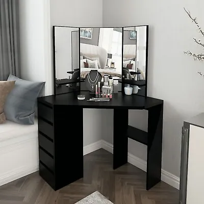 Corner Vanity Makeup Desk With Three-Fold Mirror And Drawer Dressing Table Black • $229.99