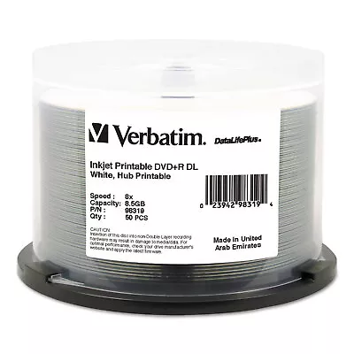 Verbatim DVD+R Dual Layer Recordable Disc 8.5GB 8X Printable Spindle 50/Pk 98319 • $65.76