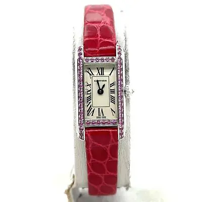 Cartier Vintage Tank Allongee 18k White Gold Pink Sapphire Bezel Ladies WB302831 • $7000