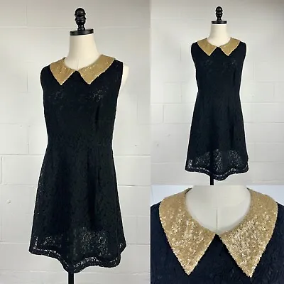 Black Floral Stretch Lace Fit & Flare Mini Dress Gold Sequin Peter Pan Collar XL • $34.99