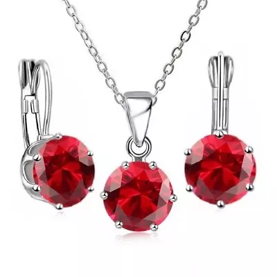 925 Sterling Silver Womens Red Garnet Gemstone Pendant Necklace Earrings Set • $26.95