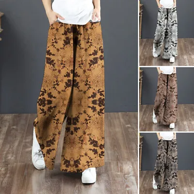 ZANZEA Women Retro Printed Elastic Waist Palazzo Trousers Leopard Wide Leg Pants • $27.16