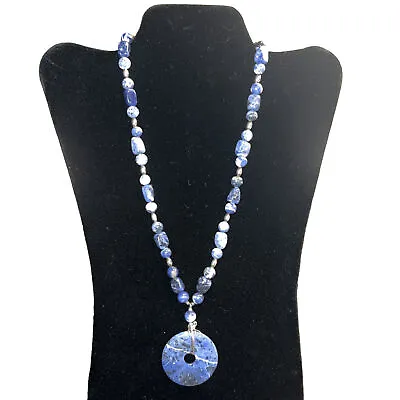 Women’s Necklace Blue Beads Silver  Handmade Homemade With Medallion 12” • $12.99