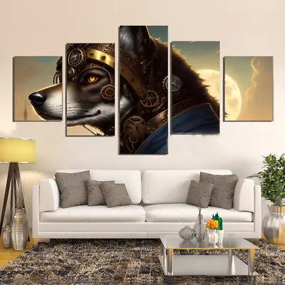 Steampunk Wolf In Moon 5 Piece Canvas Print Poster HOME DECOR Wall Art Cuadro • $18.05
