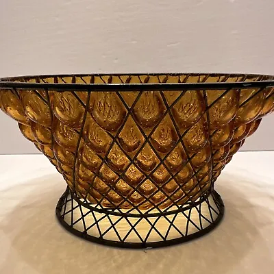 Vintage Hand Blown Caged AMBER GLASS Diamond Weave WROUGHT IRON Basket • $39