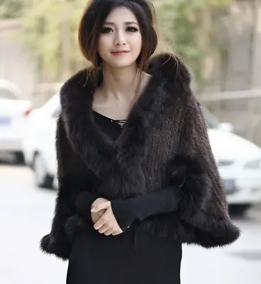 Womens Casual 100% Real Genuine Knitted Mink Fur Hood Coat Jacket Outwear Winter • $204.55