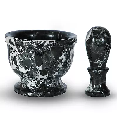   Mortar Pestle Set Luxury Marble Handmade Black White Grinding Herbs Spices Etc • $37.87