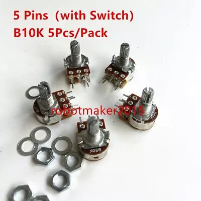 5Pcs B10K 10K WH148 5 Pins Potentiometer With Switch Shaft 15mm 5 Pin • £4.34