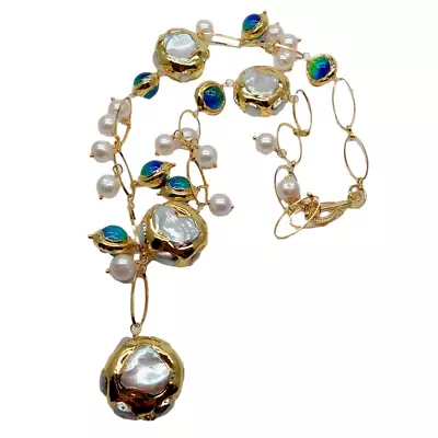 Freshwater Cultured White Keshi Pearl Blue Murano Glass Necklace 21  • $33.25