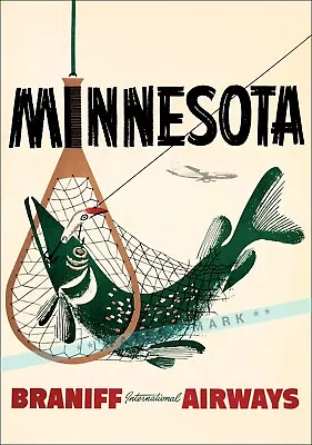 Minnesota 1960 Fishing Mid Cent Vintage Poster Print Retro Style Air Travel Art • $21.58