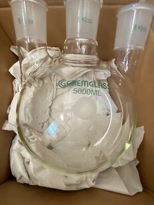 $200 • Buy 3 NECK, HEAVY WALL ROUND BOTTOM FLASK, CHEMGLASS, 5,000mL, 45/50 JOINTS, NEW